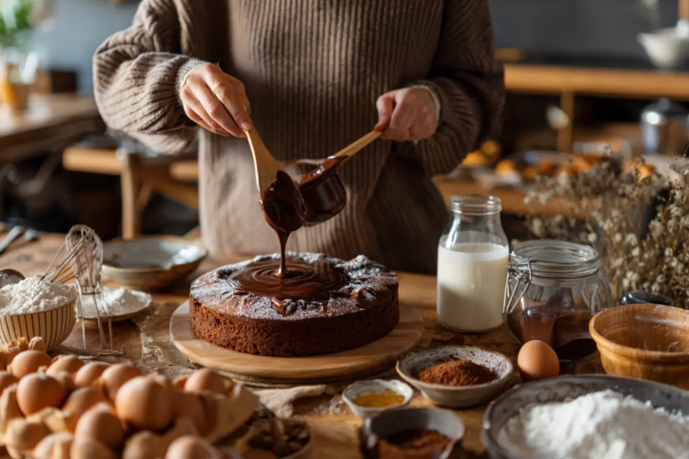 Ingredientes para bolo de chocolate fofinho com brigadeiro na bancada