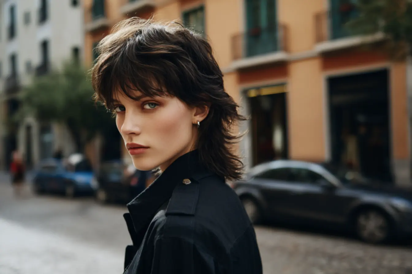 Mullet clássico anos 80 com nuca longa e volume marcado representando visual retrô