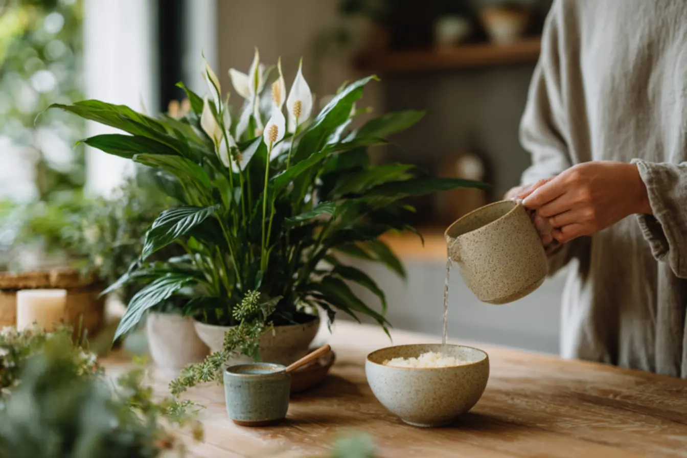 Preparo de água de arroz para adubação de plantas de interior