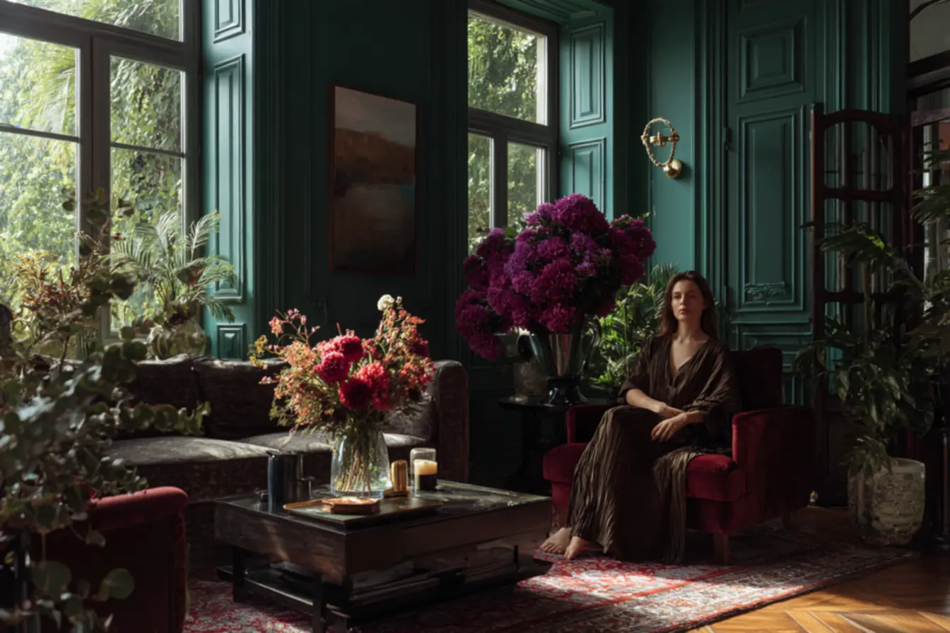 Ambiente moderno com iluminação natural valorizando tons Esmeralda e Ébano