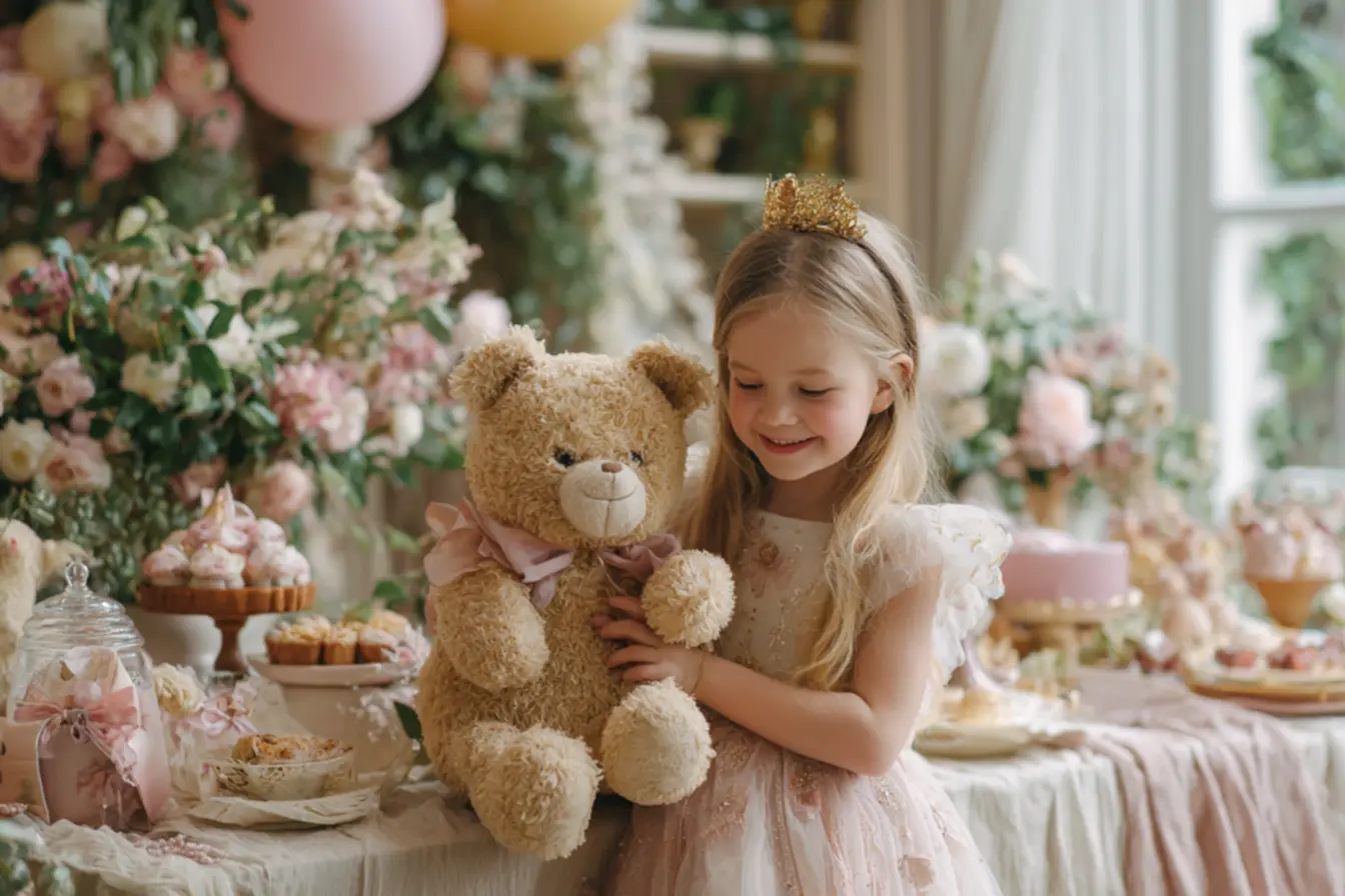 Decoração delicada para chá de bebê com tema ursinha princesa, usando painéis pequenos e pelúcias