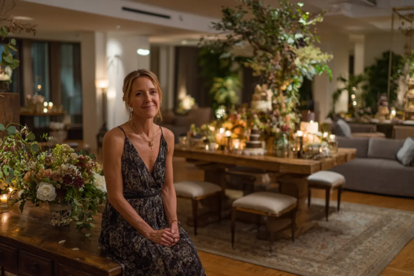 Painel decorativo e mesa do bolo em festa de 50 anos com flores e balões
