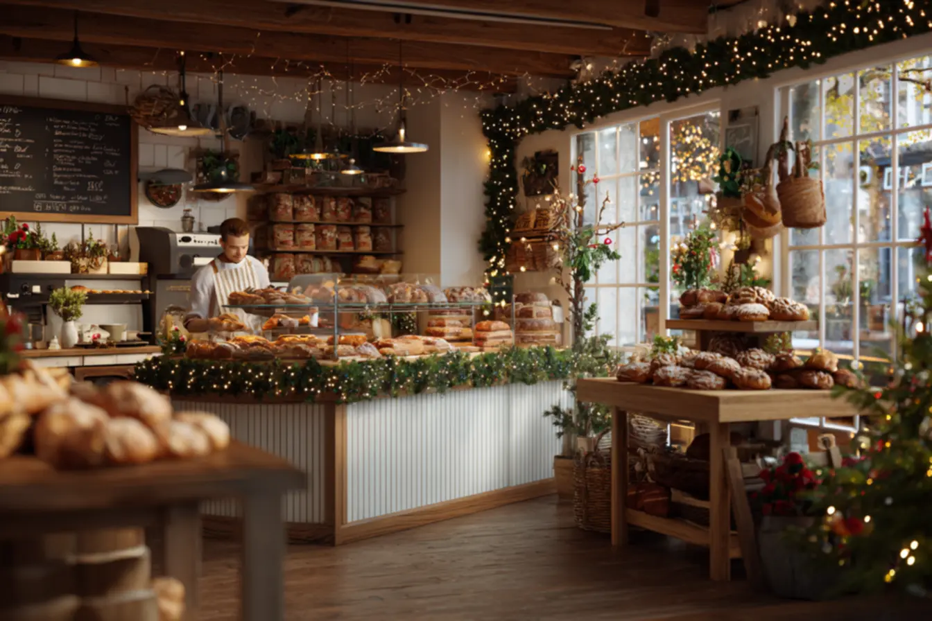 fachada de padaria decorada para o Natal com iluminação e guirlandas personalizadas