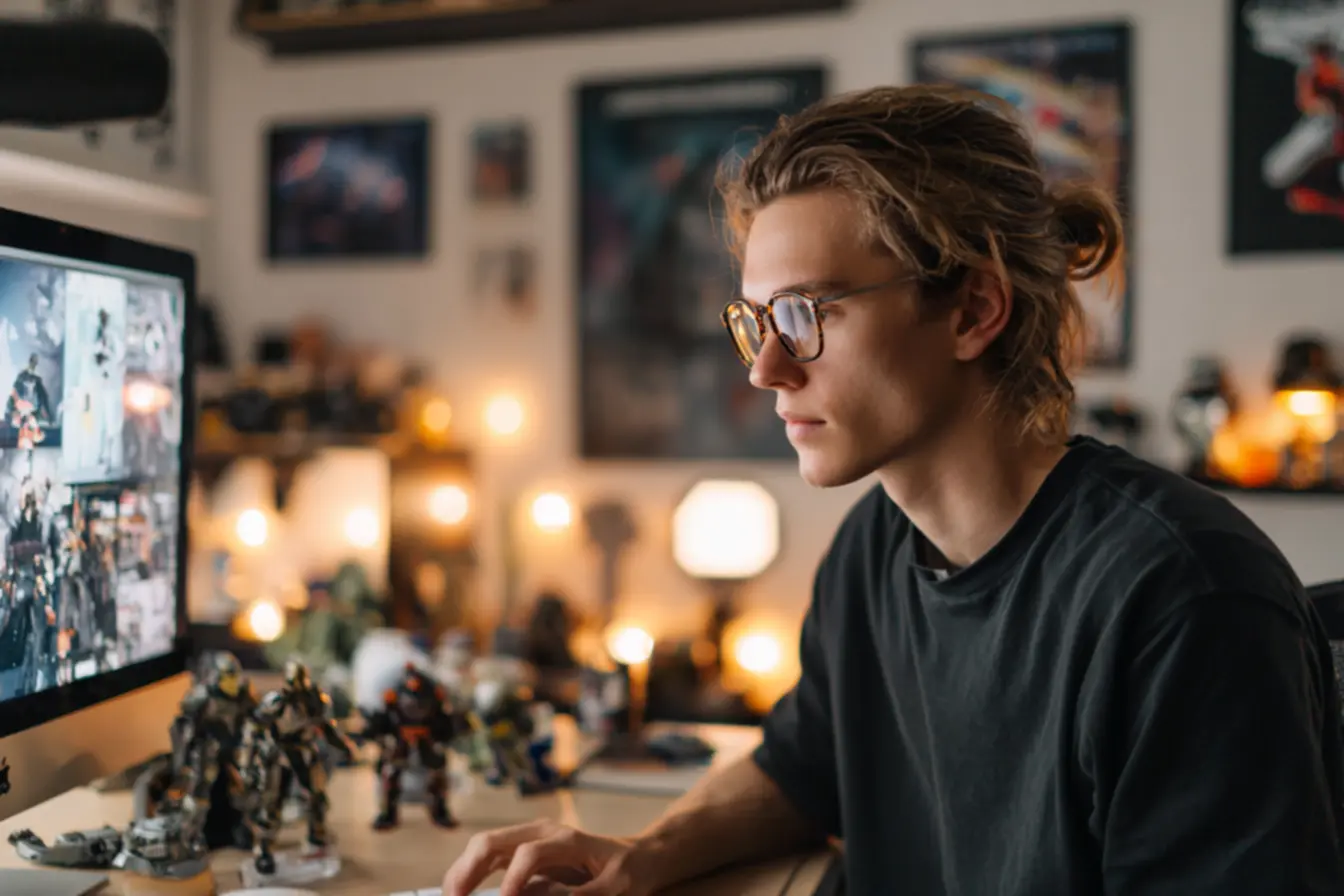 Detalhes de decoração geek minimalista com pôsteres e action figures organizados