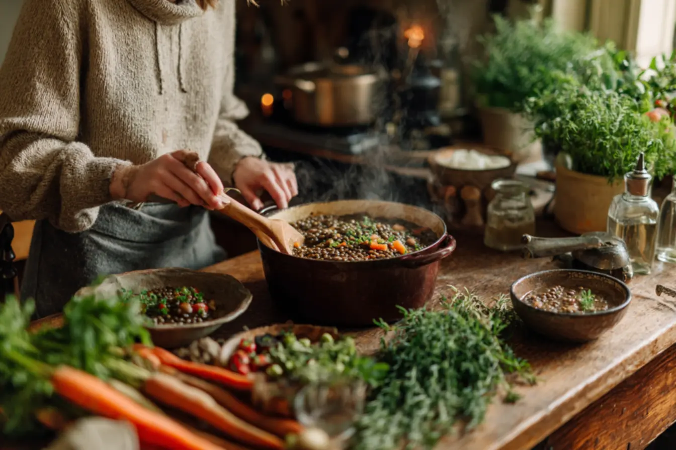 Caldo encorpado de lentilhas com legumes engrossado naturalmente