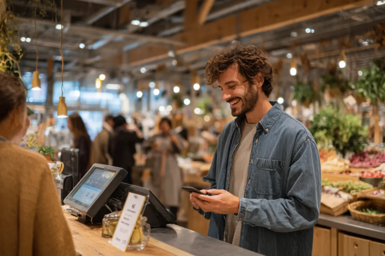 Cliente escaneando QR Code Pix do Nubank no balcão para pagamento rápido e seguro