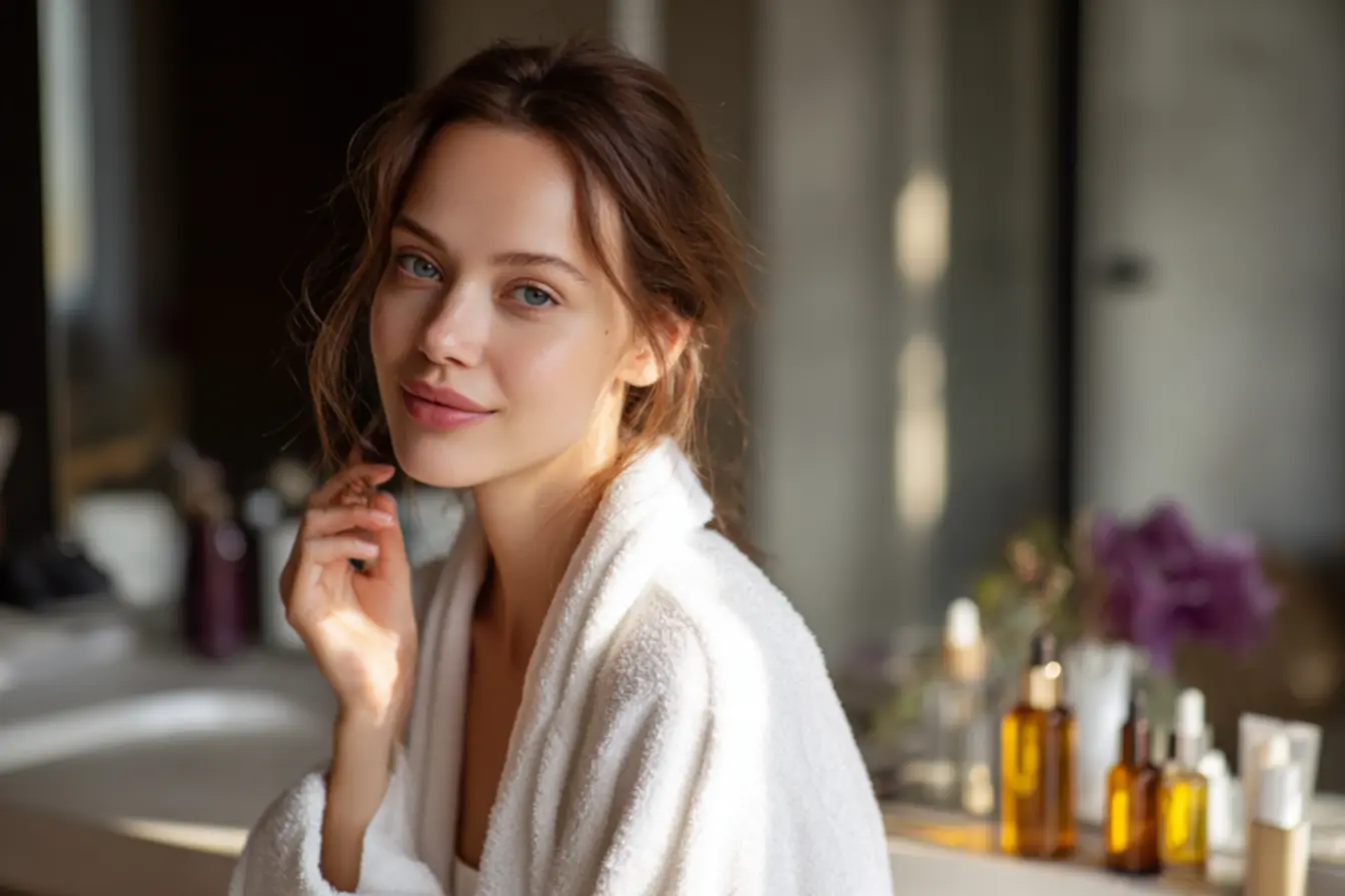 Textura leve de sérum facial penetrando nas camadas da pele