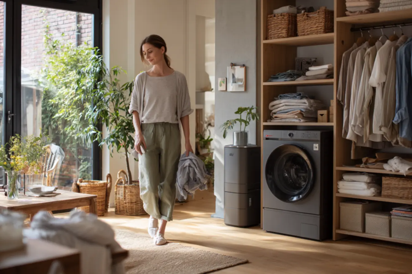 Detalhe do tambor frontal de lava e seca mostrando tecnologia de lavagem e secagem