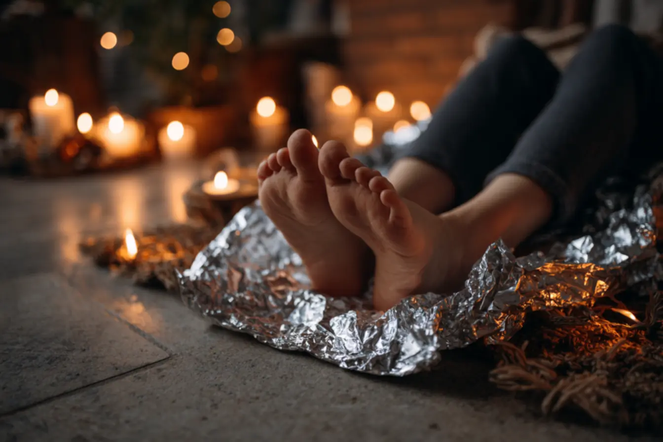 Ritual de autocuidado com papel alumínio nos pés para aliviar o cansaço