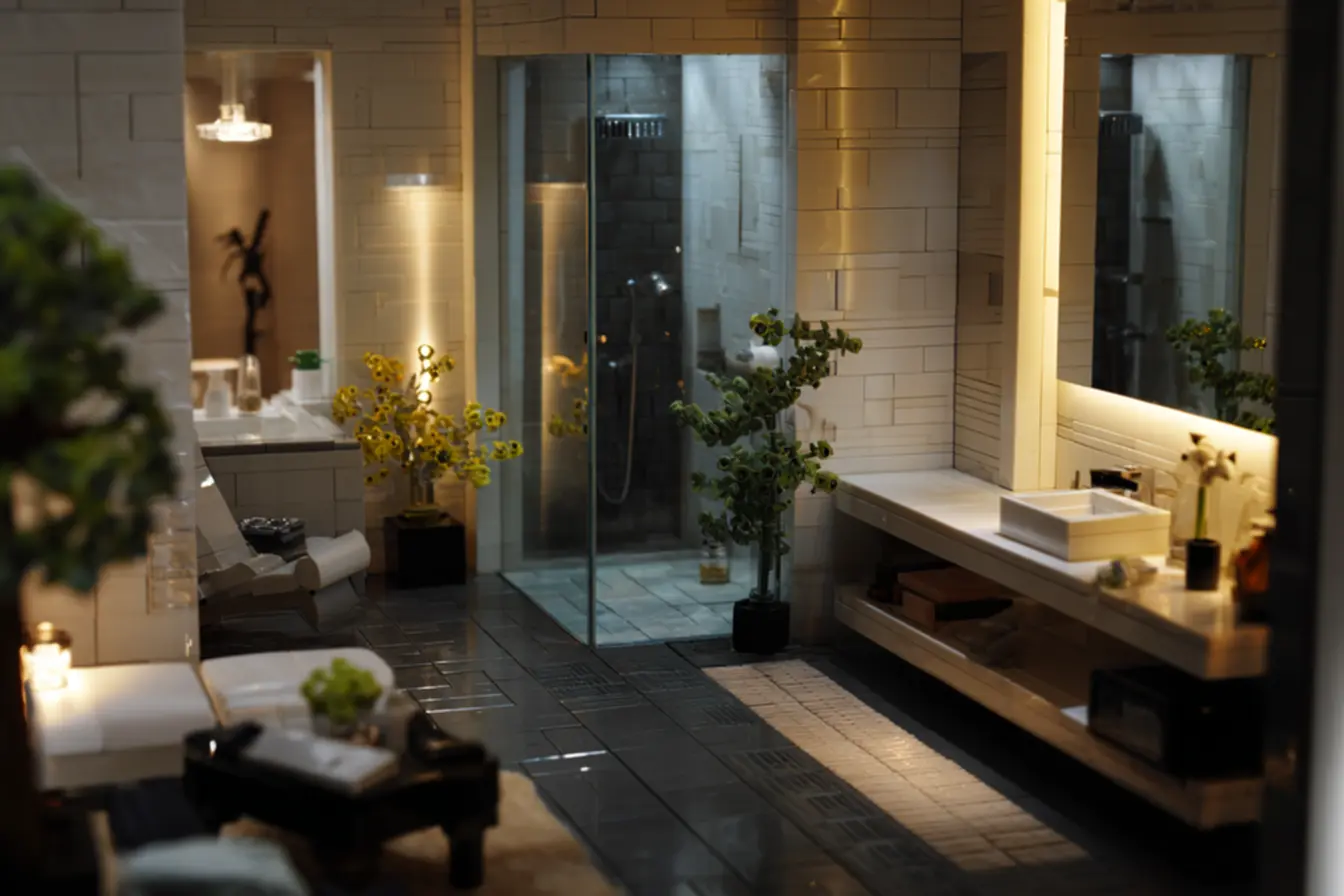 Detalhe de banheiro pequeno com bom aproveitamento de espaço e iluminação clean