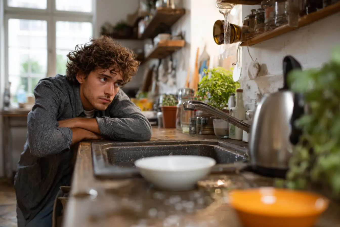 Sinais de ralo entupido com água parada e mau cheiro na pia da cozinha e no banheiro