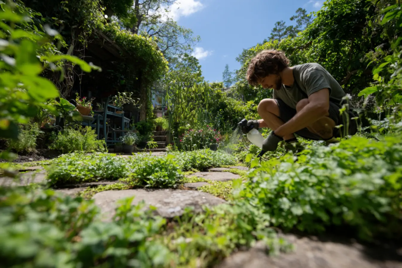 Aplicação prática de herbicida caseiro em frestas do quintal sem danos ao meio ambiente