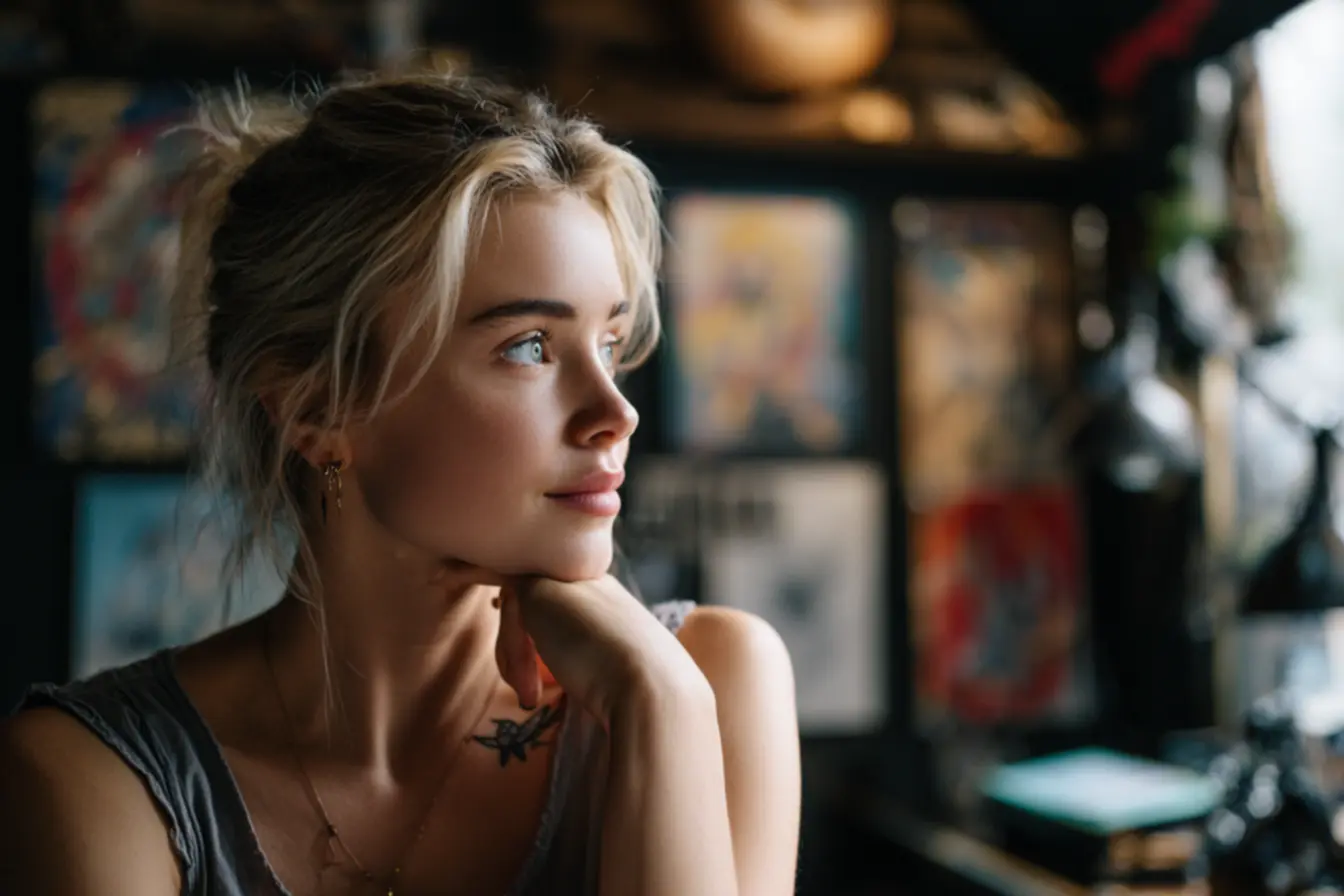 Detalhe de tatuagem minimalista feminina no braço com traço fino bem executado