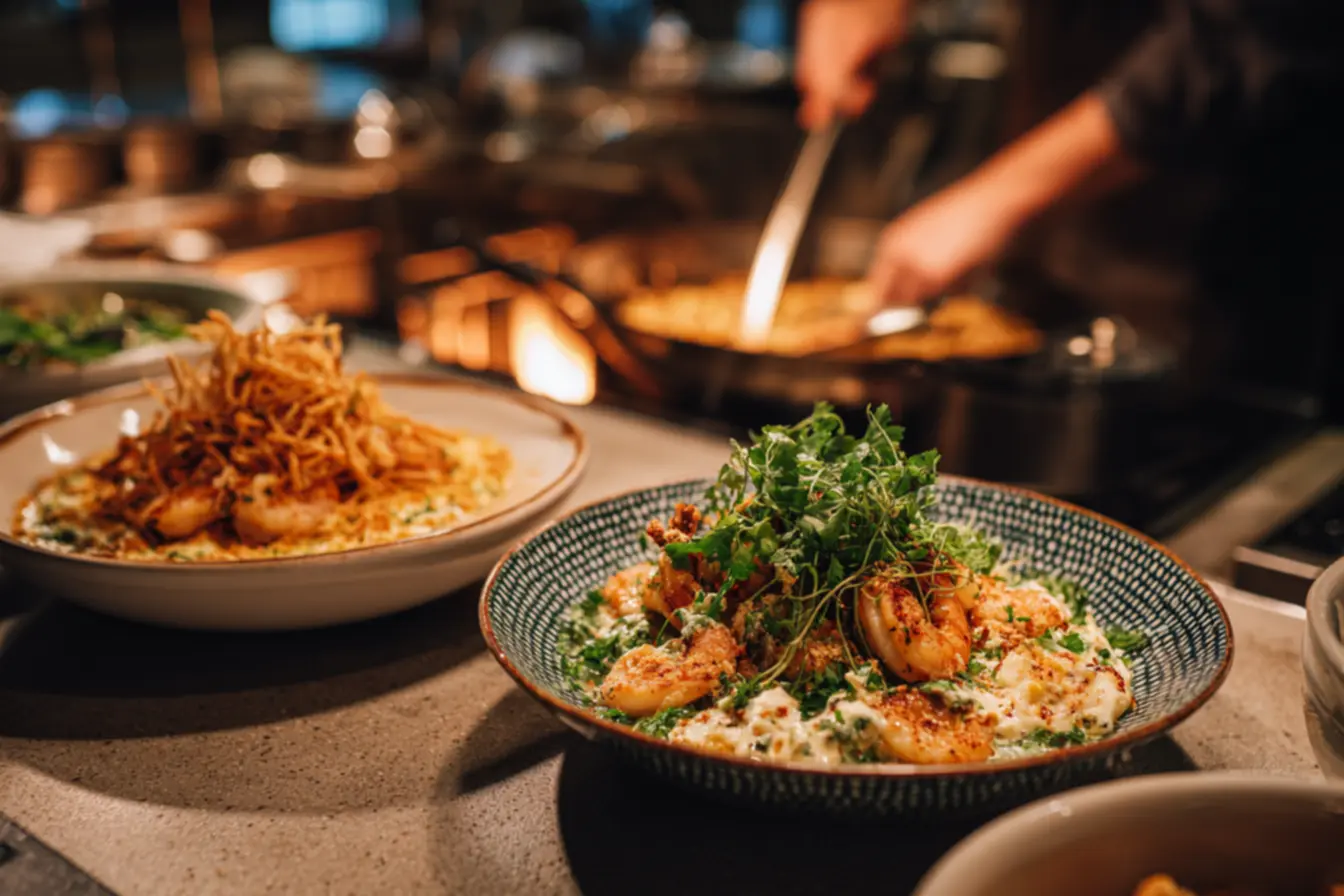 Fricassé de camarão cremoso e gratinado servido em travessa