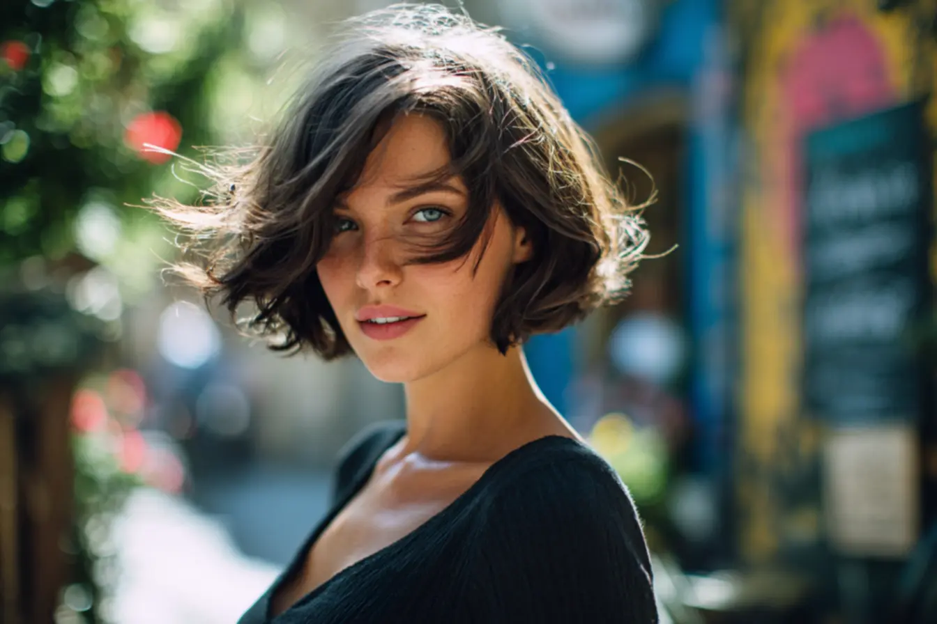 French Bob com franja em cabelo liso realçando textura e movimento