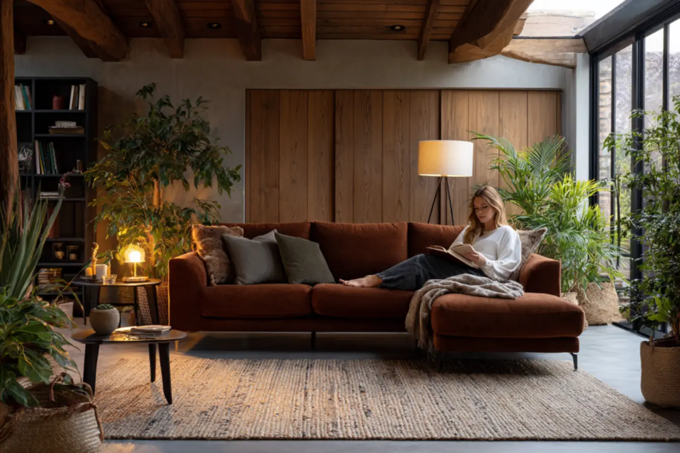 Layout de sala de estar pequena com móveis proporcionais e circulação livre