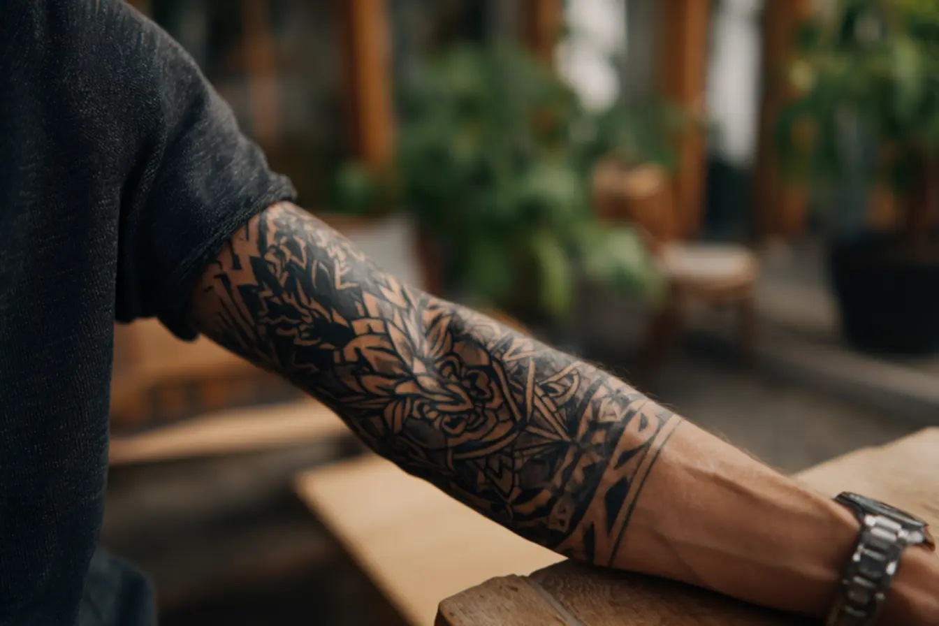 tatuagem de bracelete floral com folhas e ramos em volta do braço em estilo delicado