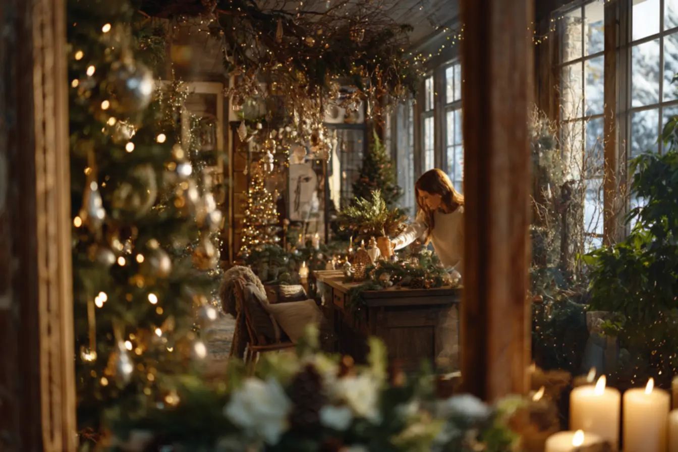 Painel natalino criativo com iluminação quente e elementos naturais para decoração de Natal