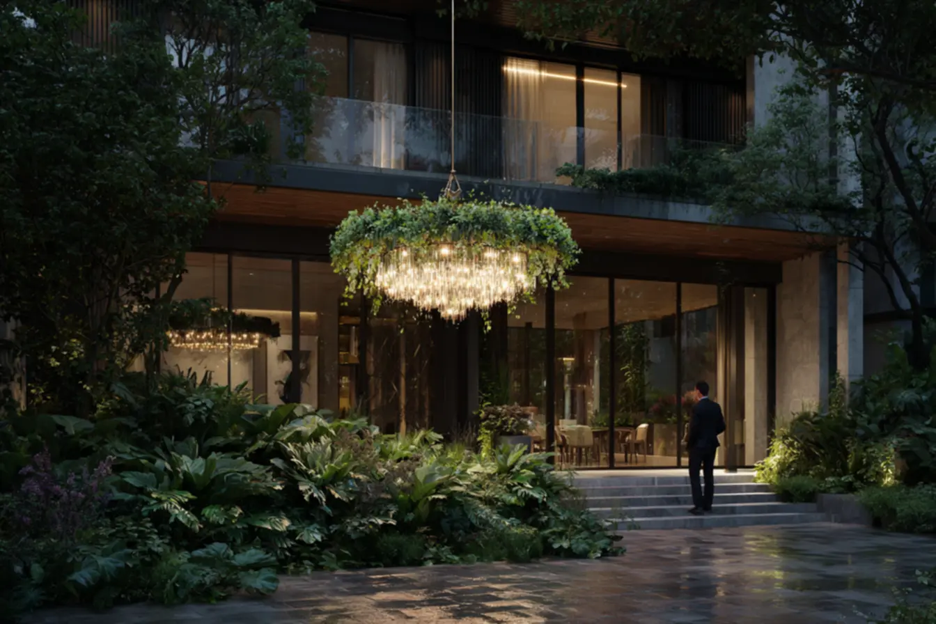 Lustre externo em varanda coberta com IP adequado para respingo de chuva