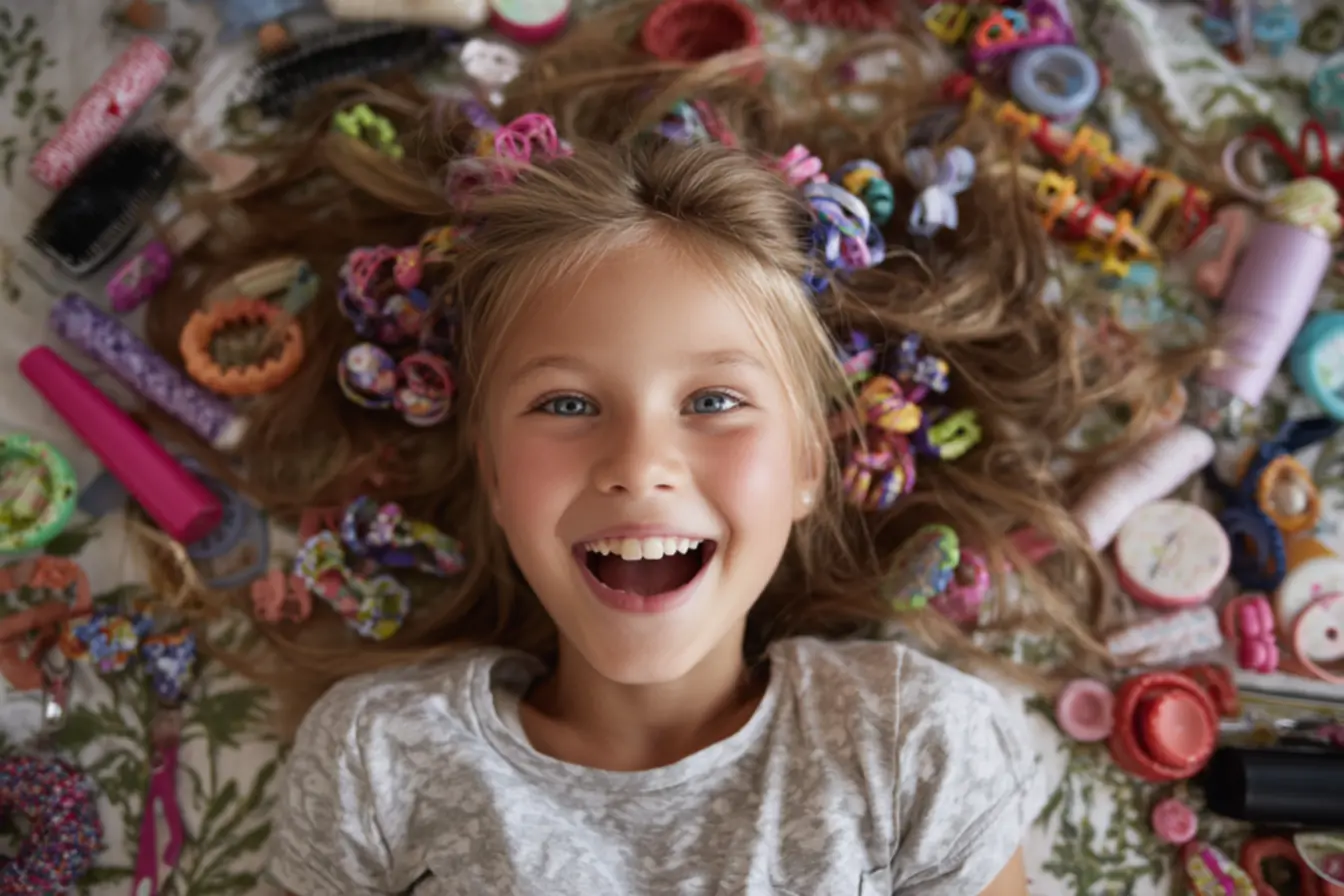 Menina com penteado divertido usando acessórios caseiros coloridos e criativos