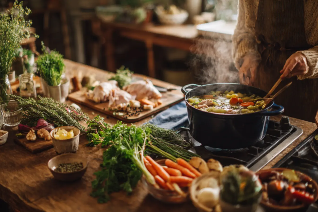 Ingredientes para caldo de galinha com frango, legumes e ervas aromáticas