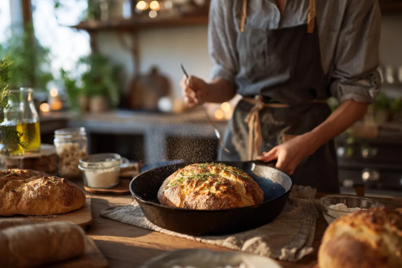 Massa de pão na frigideira mostrando miolo macio e bem aerado