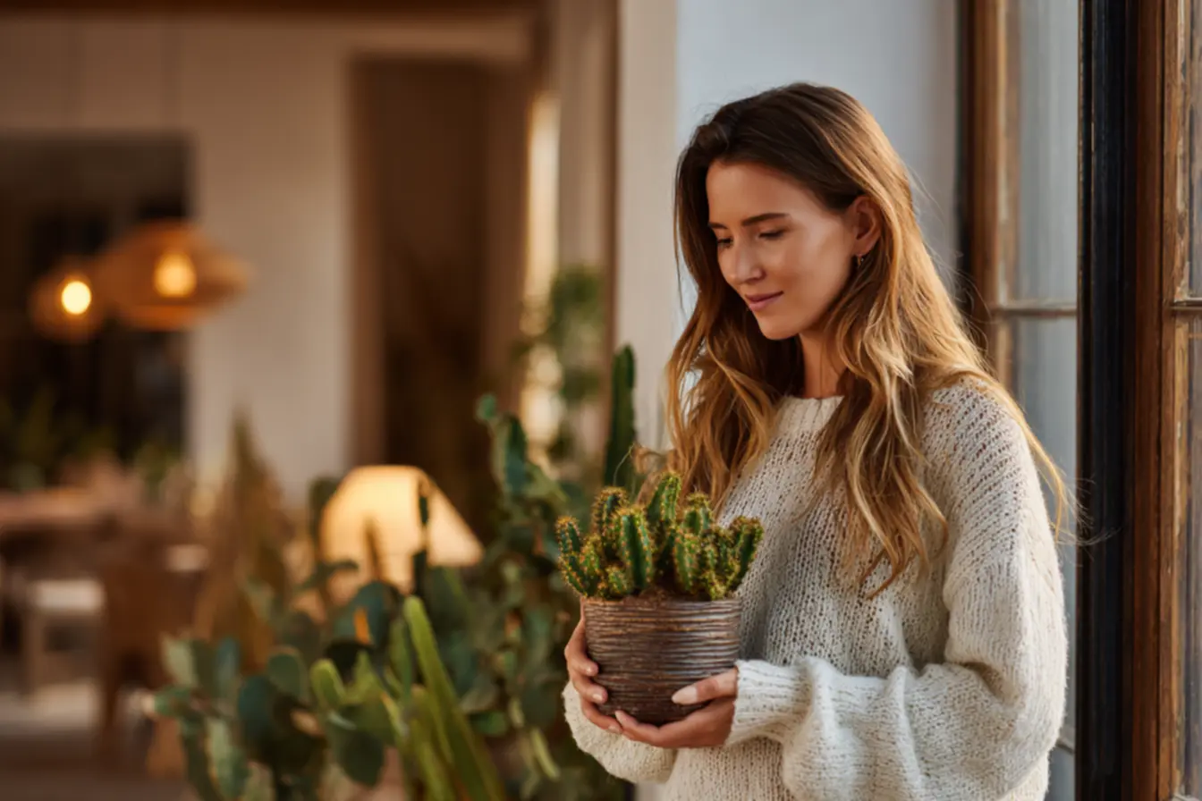 Arranjo de cactos decorativos em sala de estar para filtrar energias negativas e equilibrar a decoração