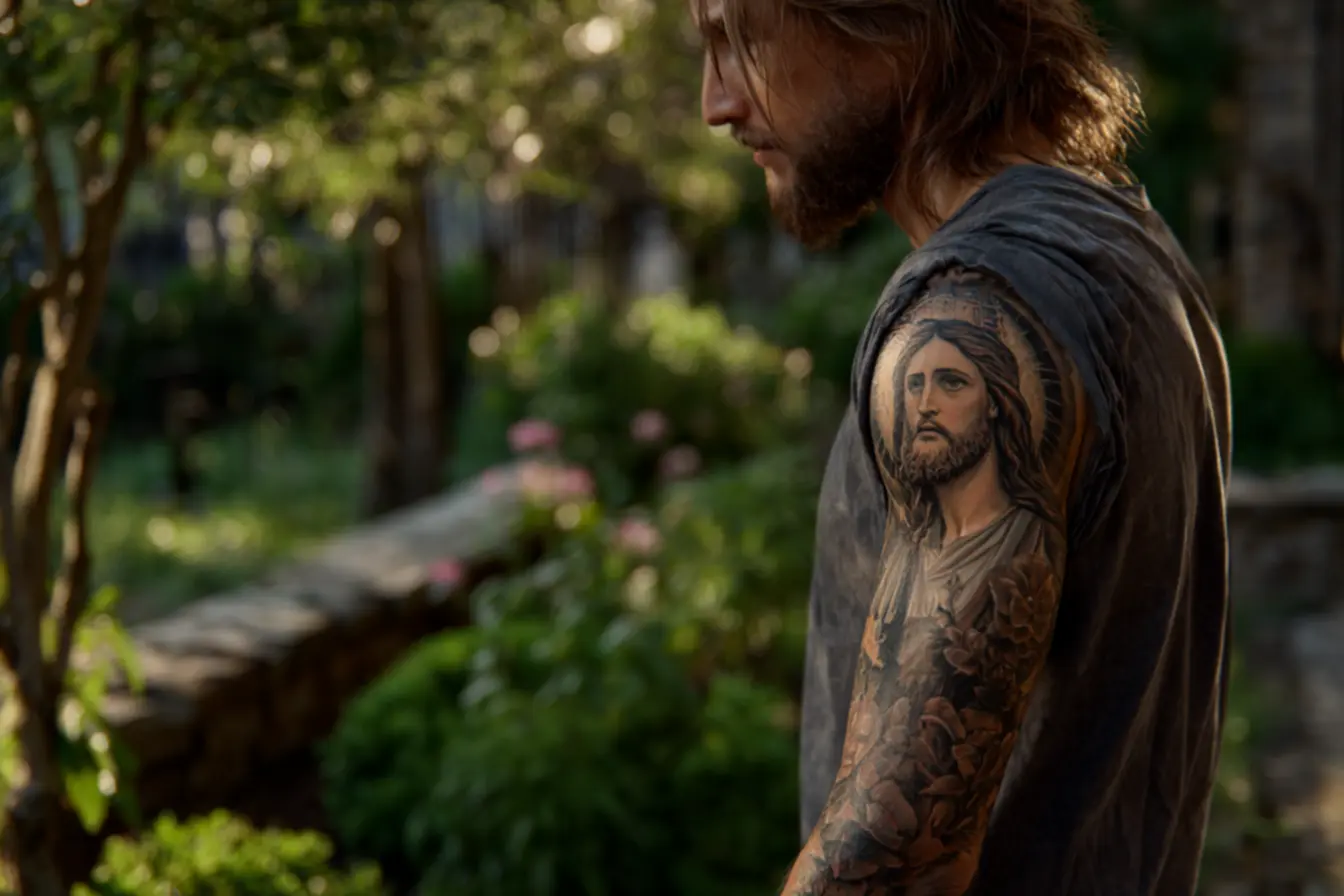 Tatuagem minimalista de Jesus Cristo em linhas finas no braço