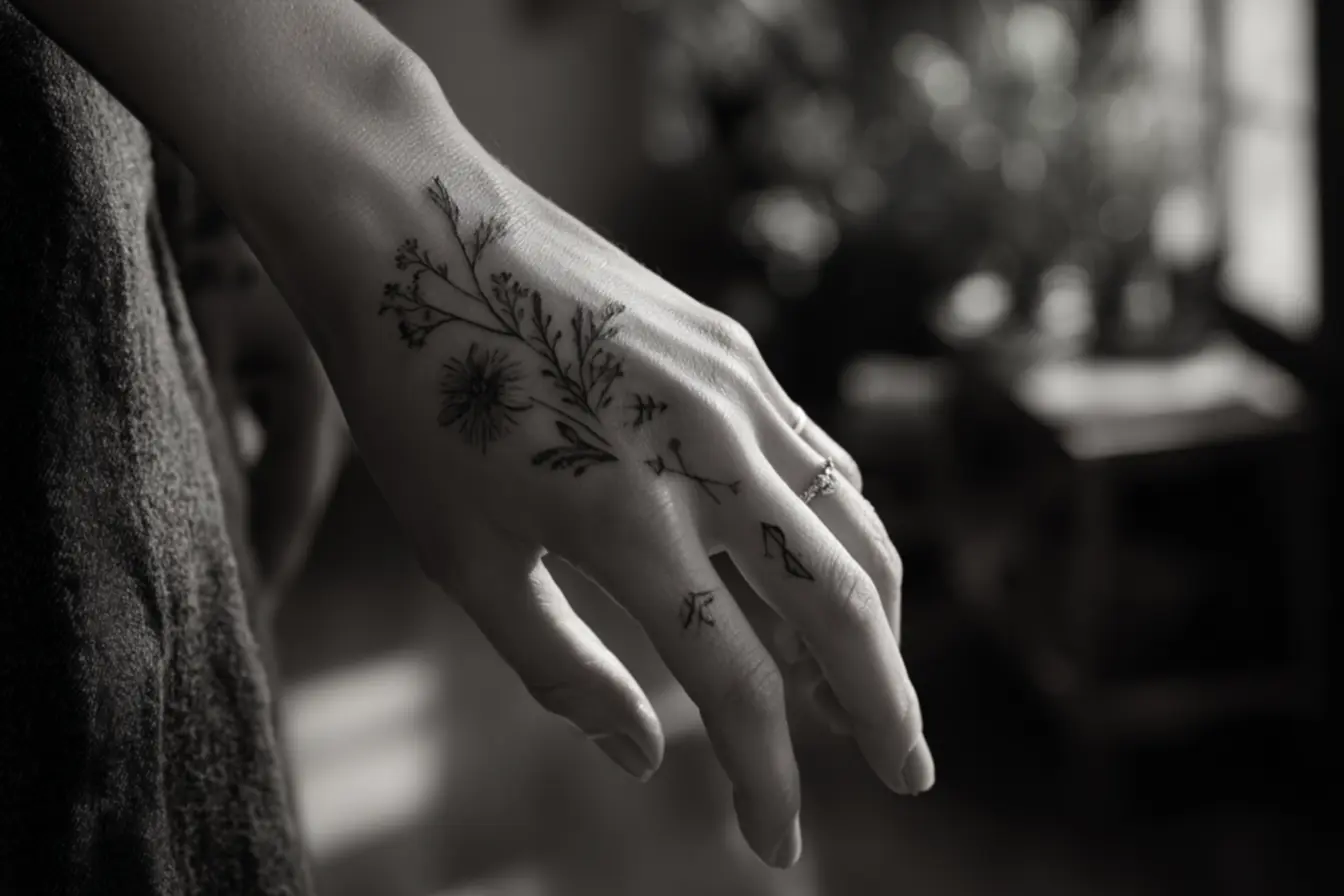 Exemplos de tatuagens fine line minimalistas em mãos pequenas