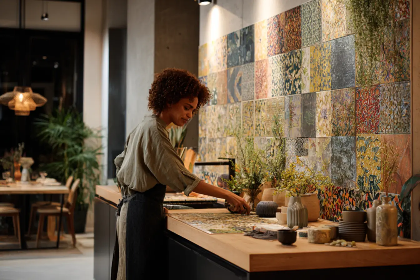 Detalhe de adesivo vinílico resistente à umidade e gordura em parede de cozinha