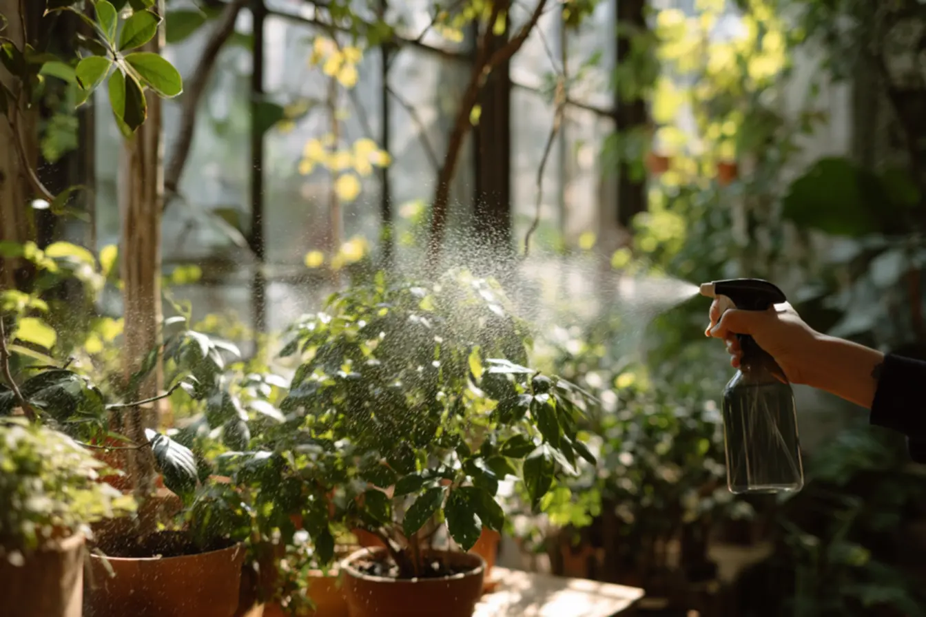 Borrifador aplicando água com sabão para remover poeira e gordura das folhas