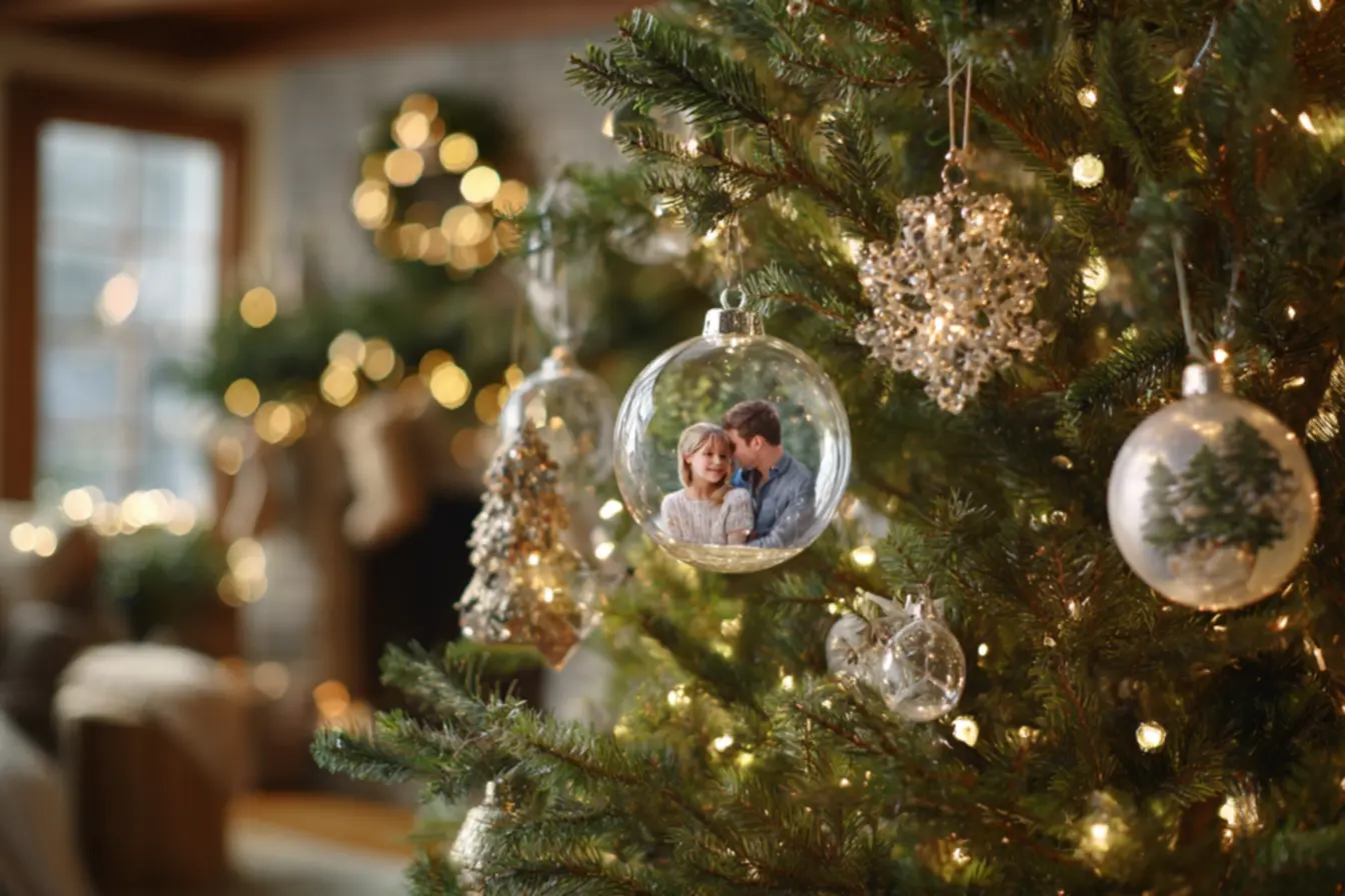 Detalhe de árvore de Natal decorada com enfeites mistos de vidro e acrílico em ambiente familiar