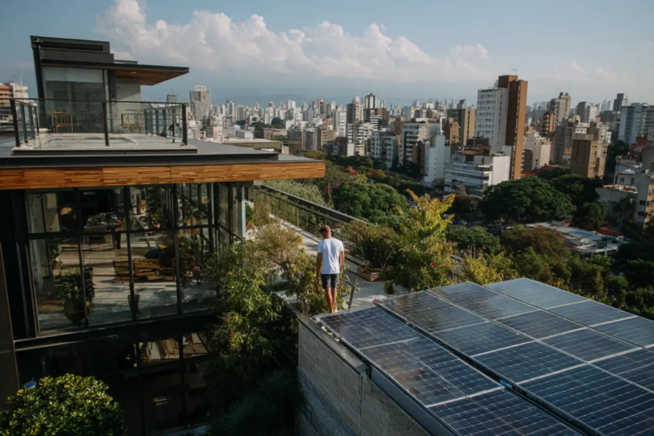 Visão aérea de galpões e comércios em Contagem com sistemas de energia solar