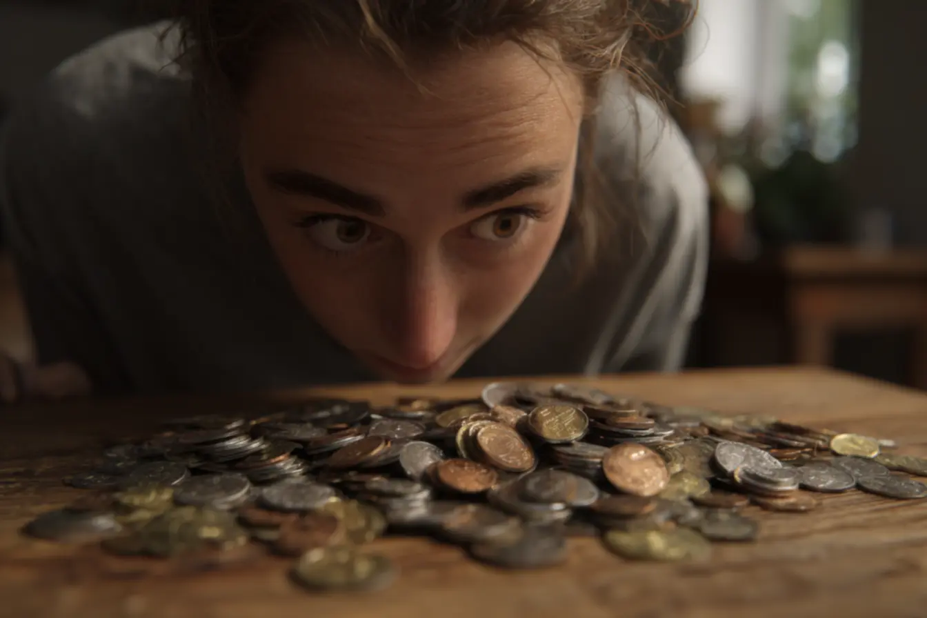 Detalhe do estado de conservação de moedas de 50 centavos para colecionismo