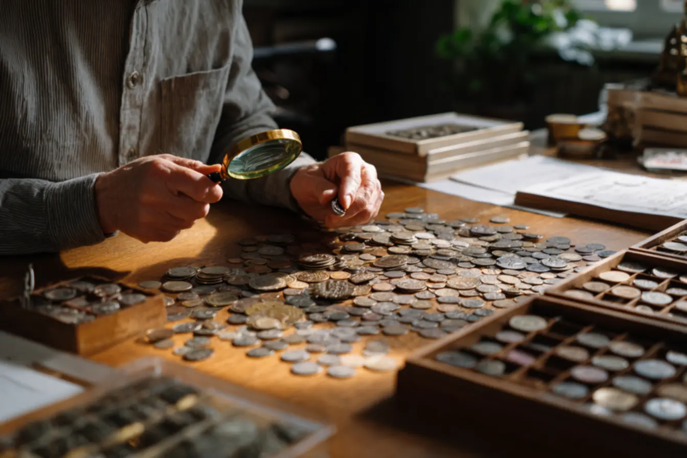 Pessoa analisando moeda de 50 centavos de 2002 em casa para identificar possíveis erros de reverso