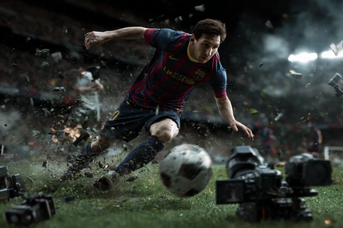 Fotógrafo esportivo reagindo após câmera ser atingida por bola durante jogo de futebol