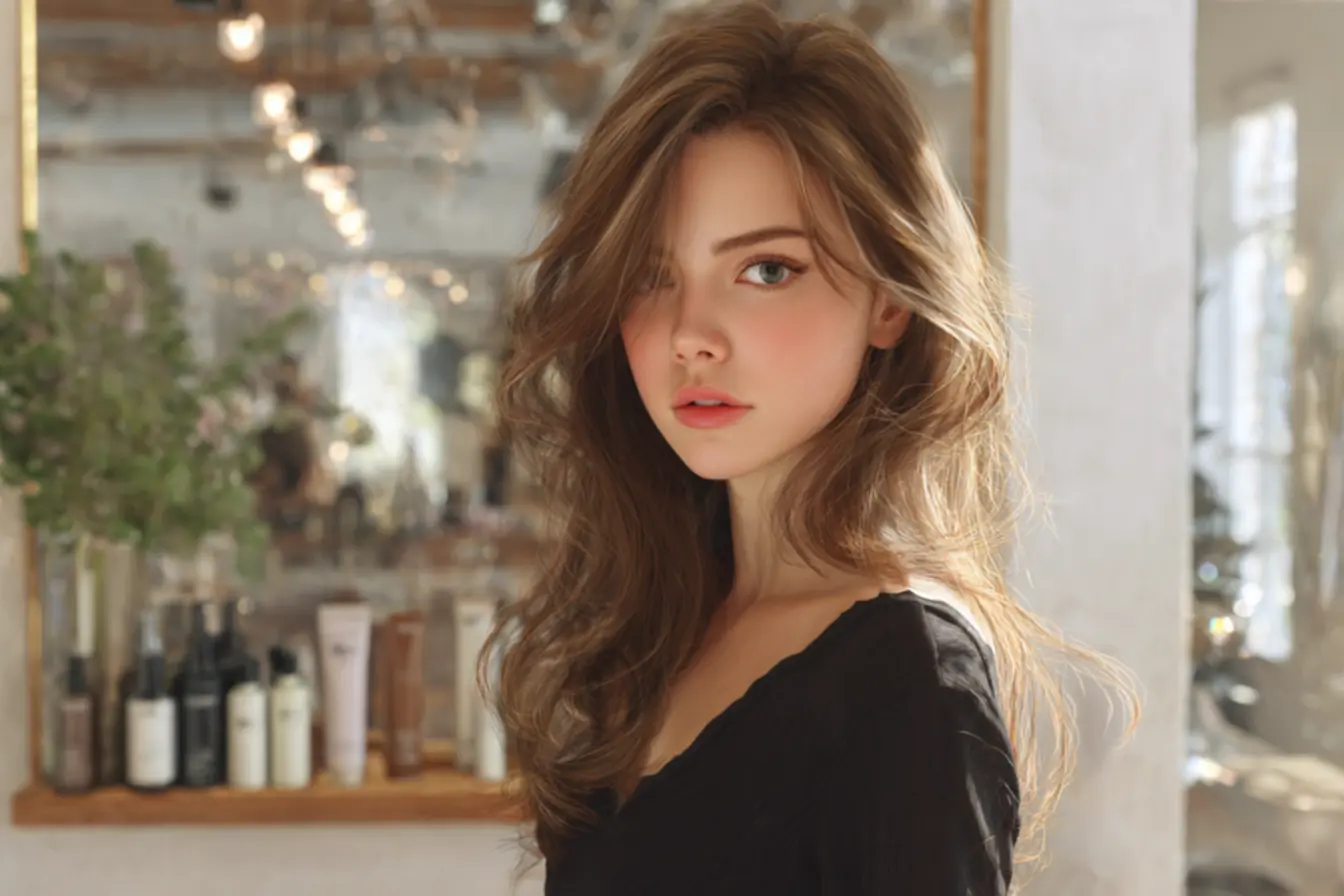 Morena iluminada com mechas suaves destacando o contorno do rosto