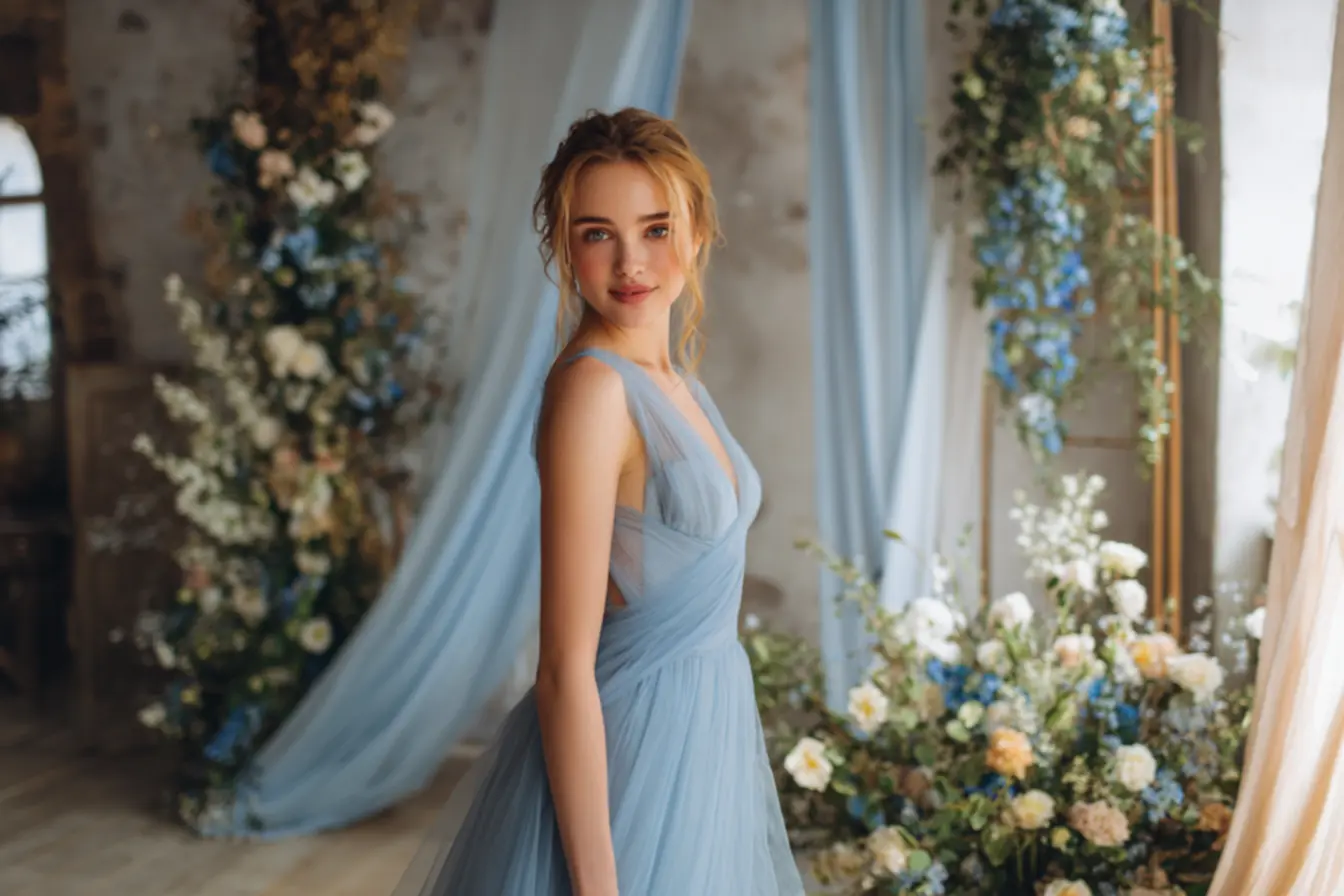 Cinco tons de azul para vestidos de madrinha em casamentos, mostrando variedade elegante e sofisticada