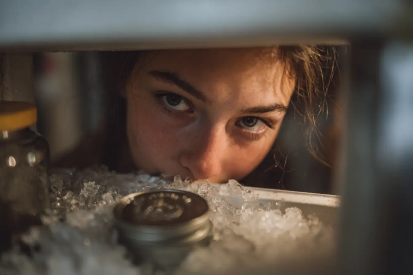 Moeda afundada no gelo do congelador indicando risco para os alimentos