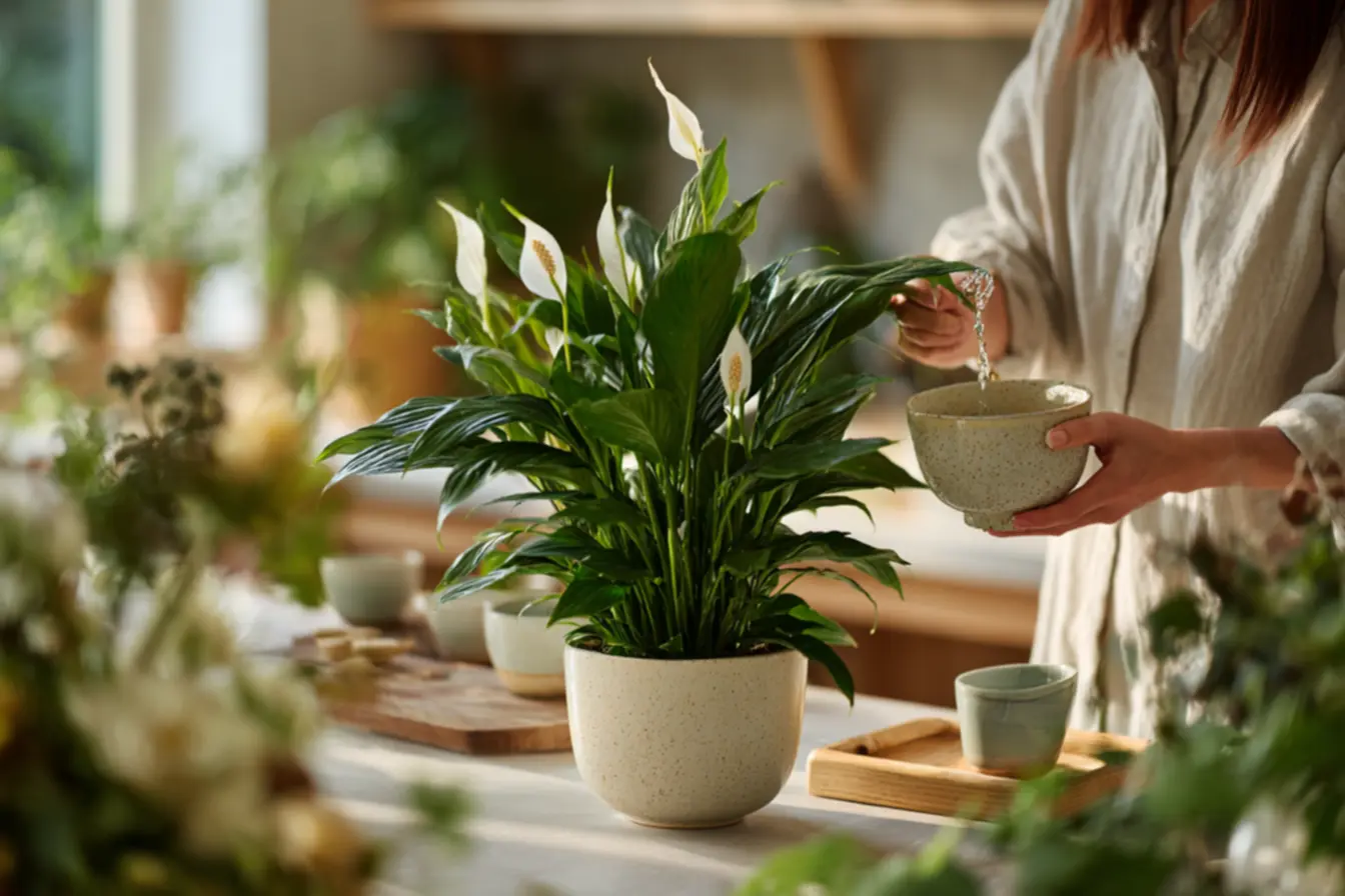 Lírio-da-paz em ambiente interno iluminado com cuidados de rega e adubação
