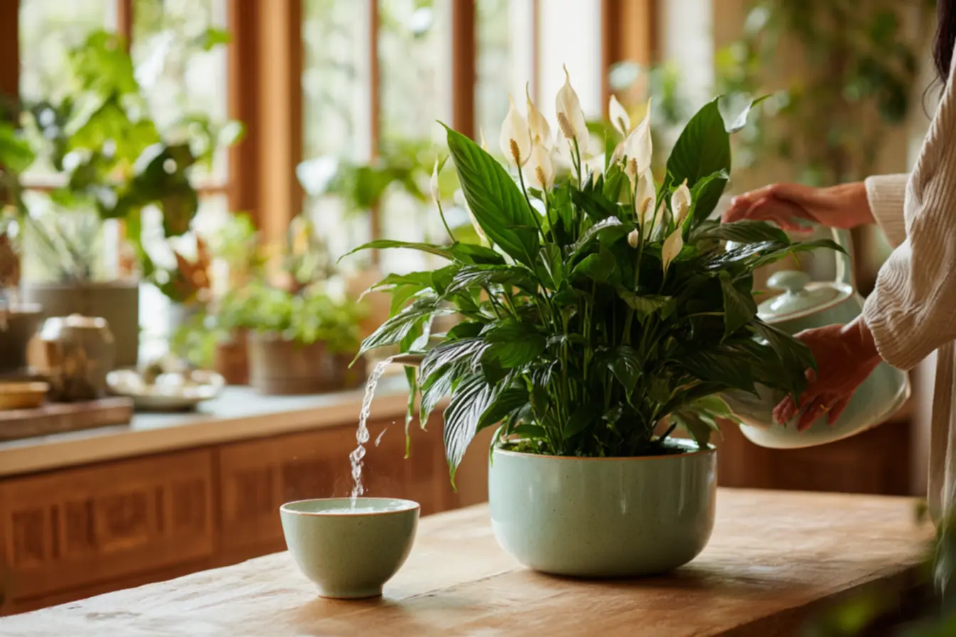 Lírio-da-paz florido em vaso usando água de arroz como adubo natural