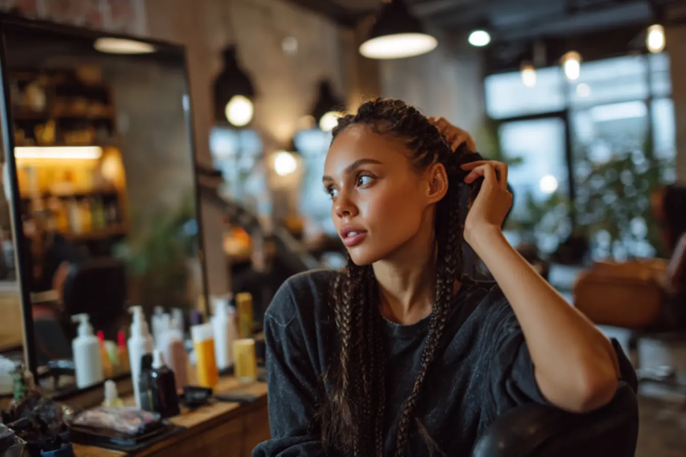 Mulher com tranças jumbo em salão de beleza economizando no visual