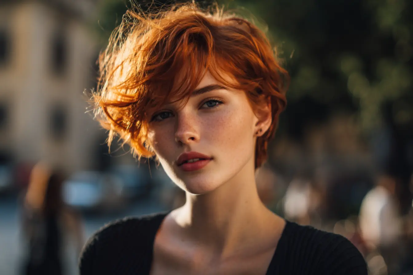 Cortes de cabelo curto em tons de ruivo que valorizam os contornos do rosto