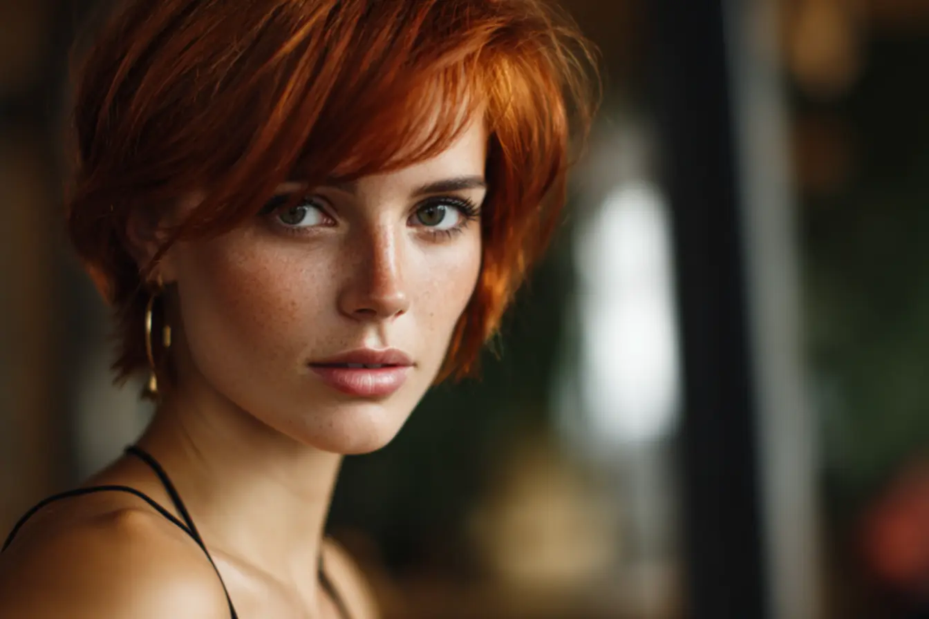 Corte de cabelo curto ruivo que valoriza o contorno do rosto feminino