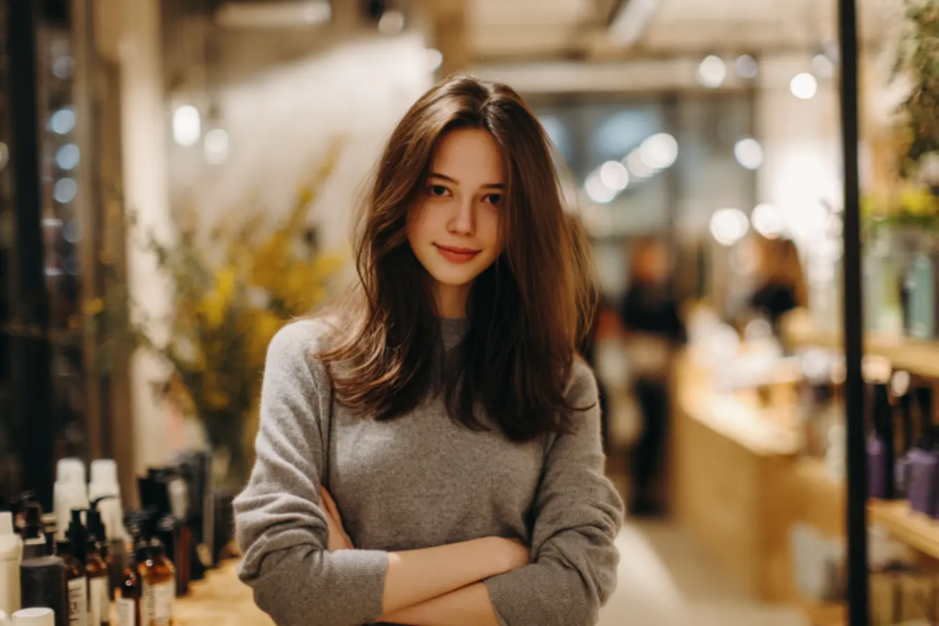 Camadas em cabelo liso para harmonizar rosto slim e alongado com franja leve