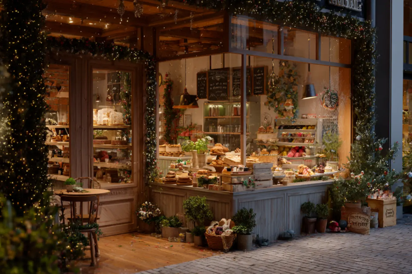 vitrine de padaria decorada para o Natal com panetones, cestas e mesa de ceia