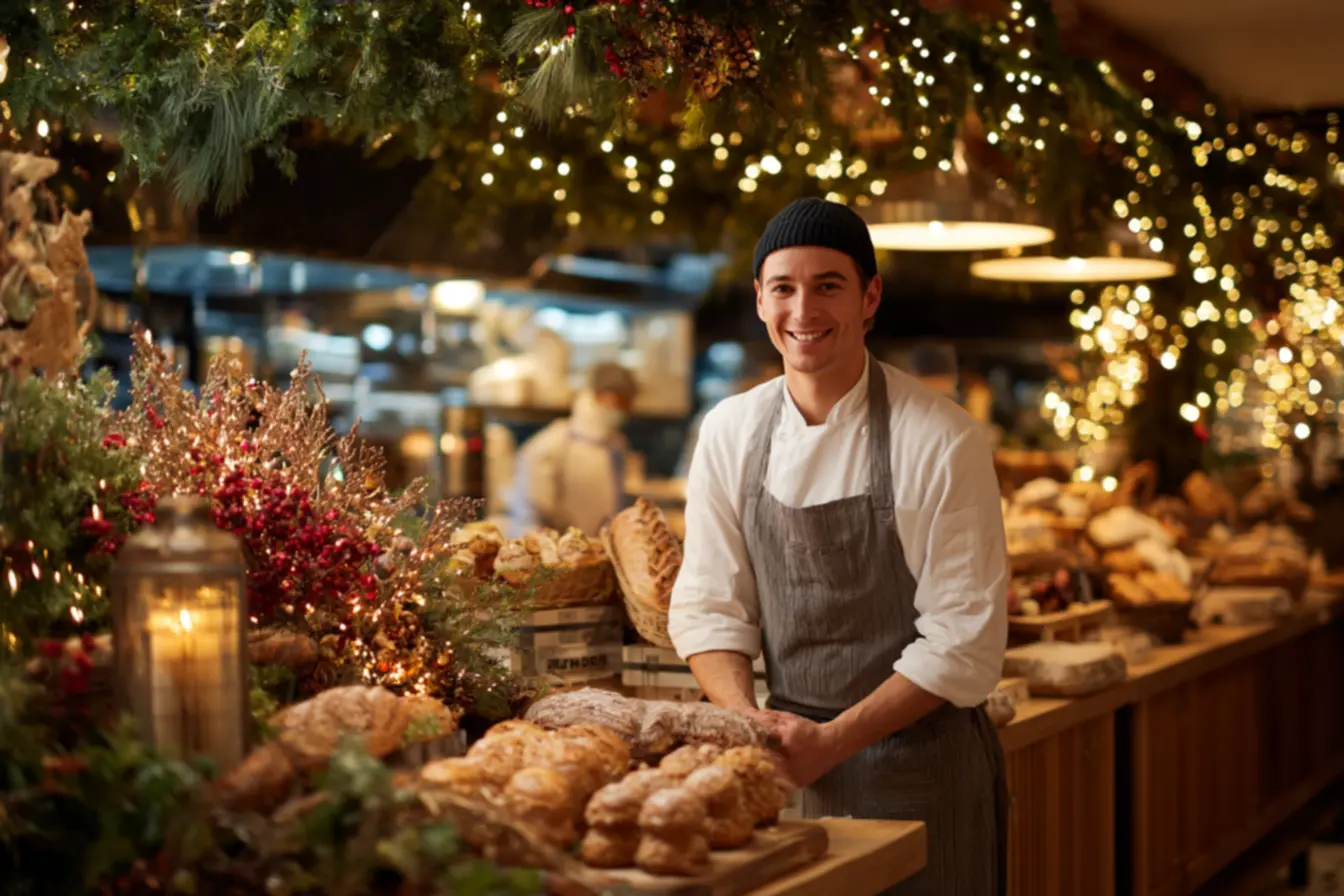 decoração de natal para padarias com vitrine temática e ambientação aconchegante
