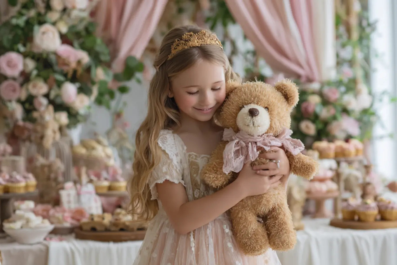 Elementos clássicos e personalizados para decoração de ursinha princesa com laços de cetim e coroas delicadas