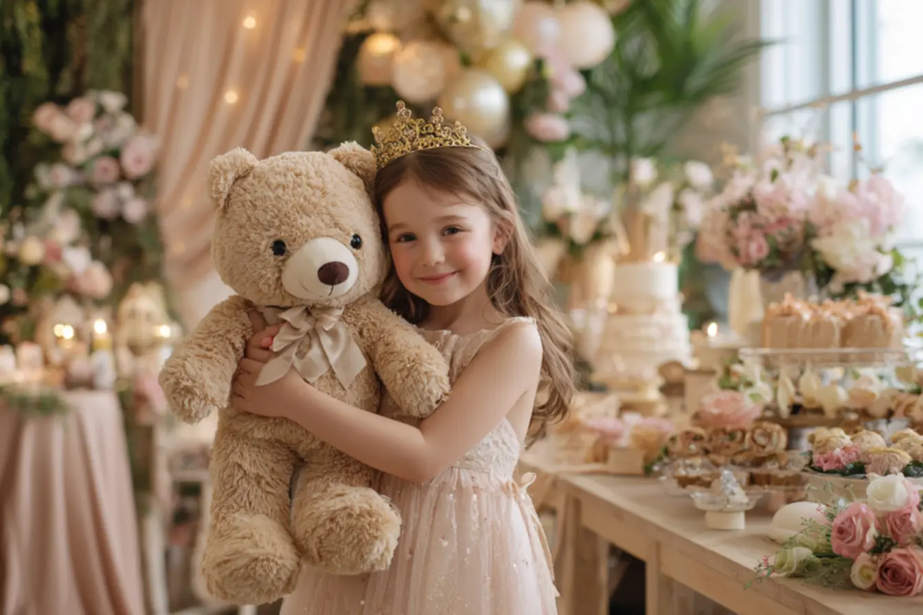 Decoração tema ursinha princesa com cores suaves e elementos encantadores para festa infantil