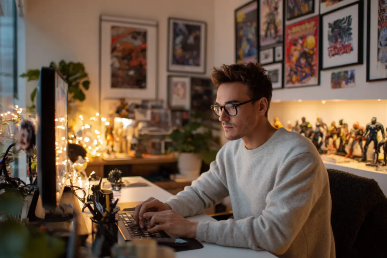 Zona de foco limpa em escritório geek com monitor central e decoração discreta